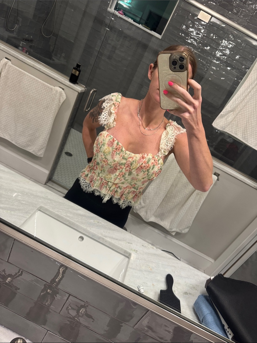 Lulu's Cream Floral Lace-Trim Camisole with Pink & Green Print